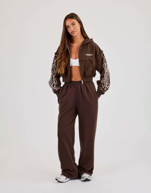Cernucci Cropped distressed print zip hoodie in brown | ASOS