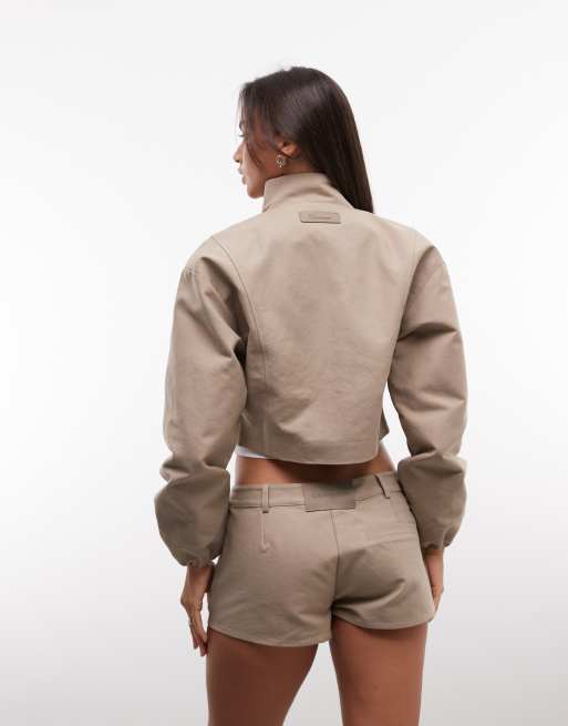 Cernucci cropped funnel neck twill jacket co-ord in beige, 4 of 4