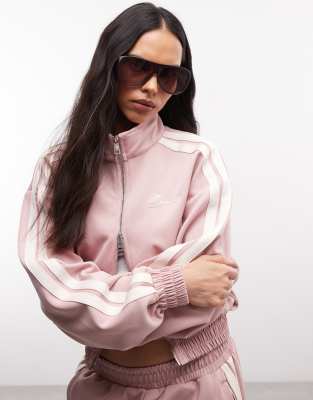 Cropped-Jacke in Hellrosa mit Stehkragen, Zwei-Wege-Reißverschluss und Ärmelband, Kombiteil Rosa S