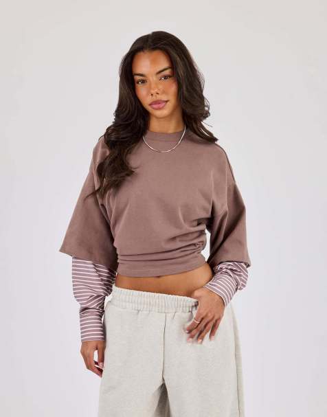 Cernucci Cropped oversized t-shirt with layered shirt in brown - view 1