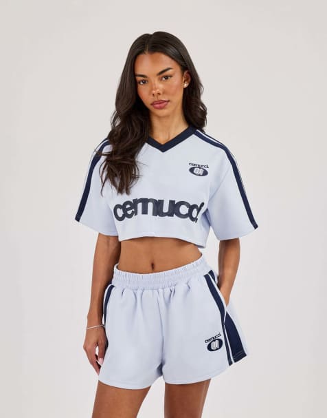Cernucci cropped short sleeve football top in blue - view 1