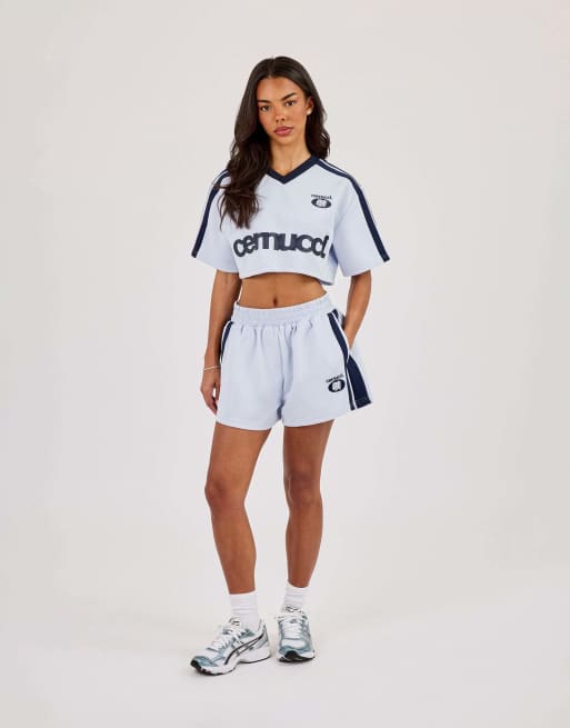 Cernucci cropped short sleeve football top in blue, 4 of 4