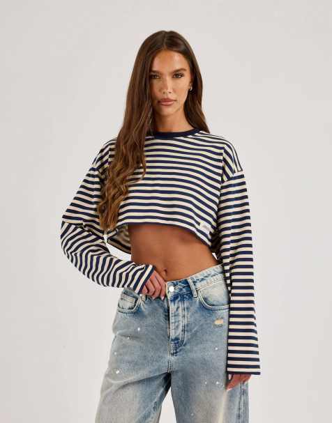 Cernucci Cropped striped tab t-shirt in blue - view 1