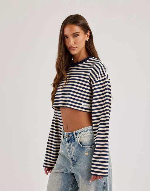 Cernucci Cropped striped tab t-shirt in blue, 3 of 4