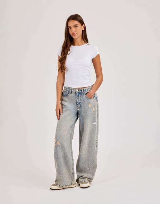 Cernucci Distressed paint splatter baggy jean in blue, 2 of 4