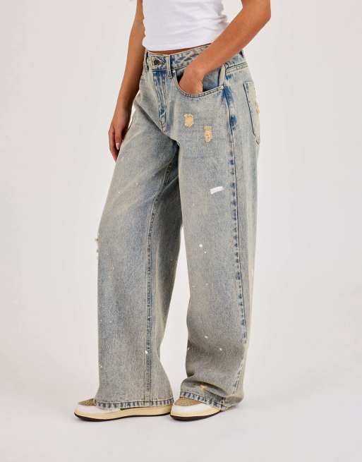 Cernucci Distressed paint splatter baggy jean in blue, 3 of 4