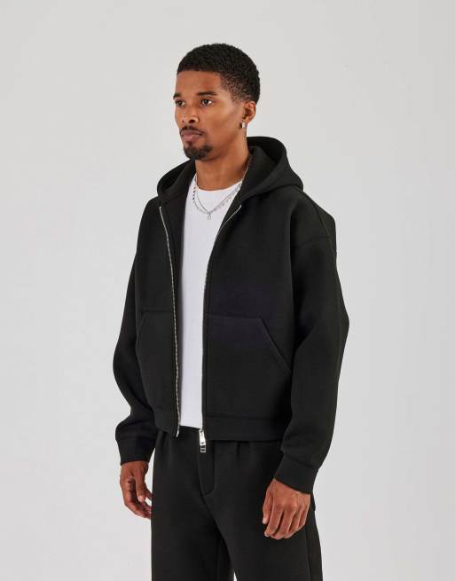 Cernucci Double knit zip through boxy hoodie in black, 4 of 4
