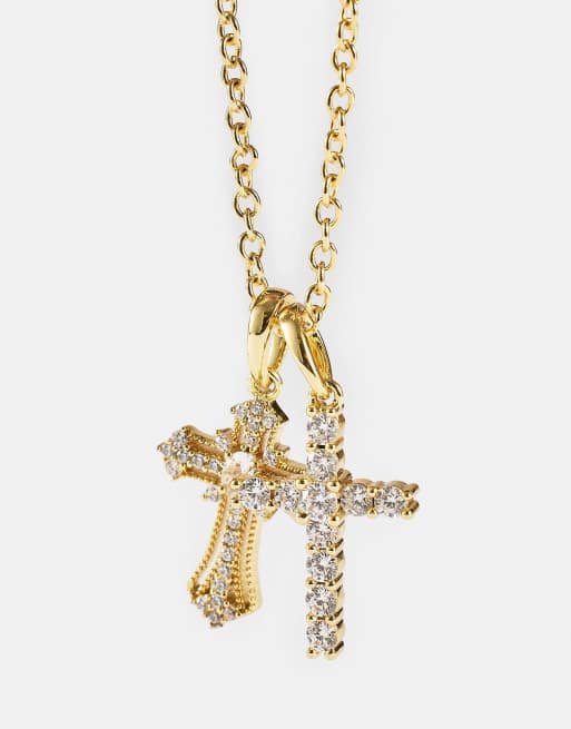 Cernucci Double multi iced cross 20mm necklace in gold, 2 of 5