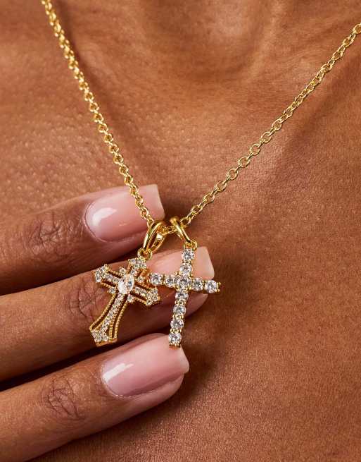 Cernucci Double multi iced cross 20mm necklace in gold, 3 of 5