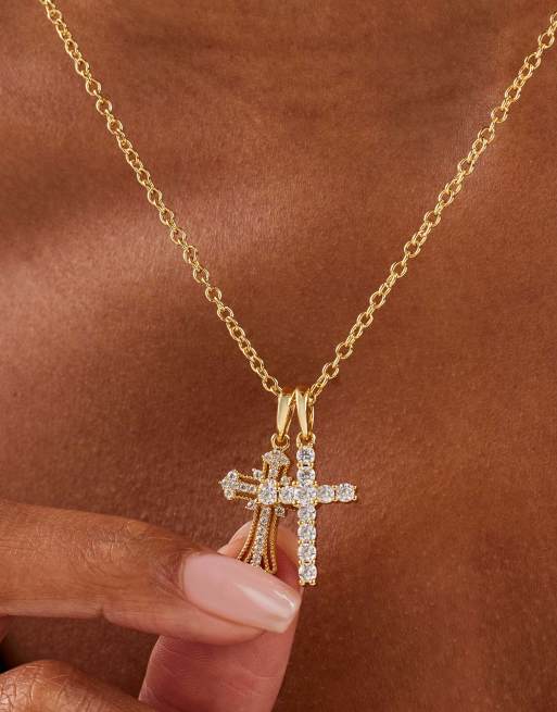 Cernucci Double multi iced cross 20mm necklace in gold, 5 of 5