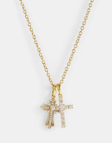 Cernucci Double multi iced cross necklace - 20mm in gold - view 1