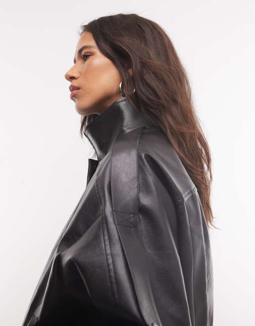 Cernucci faux leather funnel neck zip through jacket in black, 3 of 4
