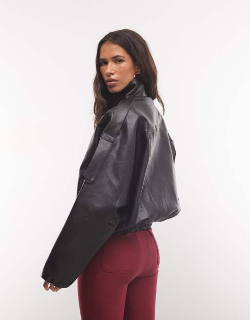 Cernucci faux leather funnel neck zip through jacket in black, 4 of 4