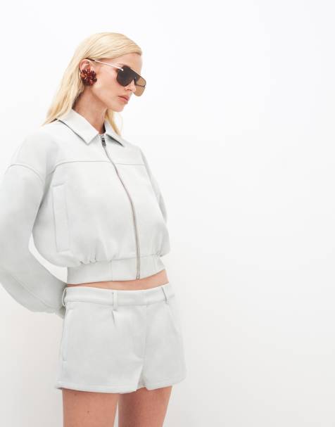 Cernucci faux suede collared bomber jacket and micro shorts co-ord in light blue - view 1