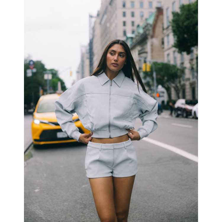 Cernucci faux suede collared bomber jacket and micro shorts set in