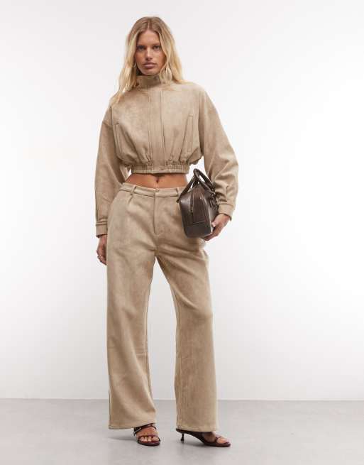 Cernucci faux suede cropped funnel neck jacket co-ord in beige, 3 of 4