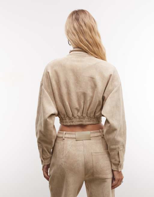 Cernucci faux suede cropped funnel neck jacket co-ord in beige, 4 of 4