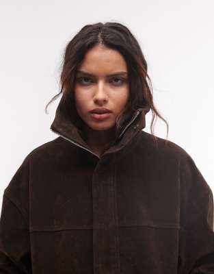 Cernucci Faux Suede Extreme Funnel Neck Jacket In Brown