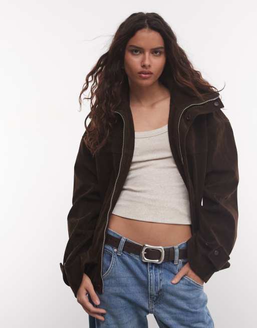 Cernucci faux suede extreme funnel neck jacket in brown, 2 of 4