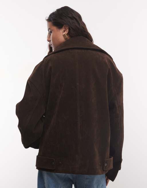 Cernucci faux suede extreme funnel neck jacket in brown, 4 of 4