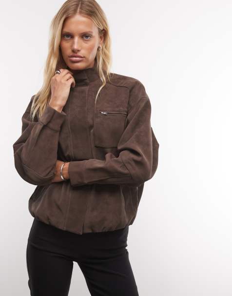 Cernucci faux suede funnel neck jacket in brown - view 1