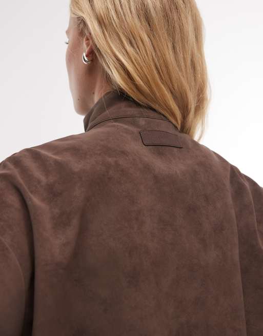 Cernucci faux suede funnel neck jacket in brown, 3 of 4