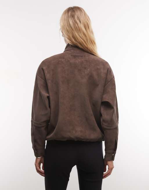 Cernucci faux suede funnel neck jacket in brown, 4 of 4
