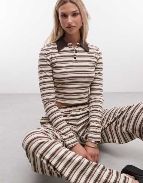 Cernucci fitted long sleeve stripe polo top in off white & brown (part of a set) - view 1