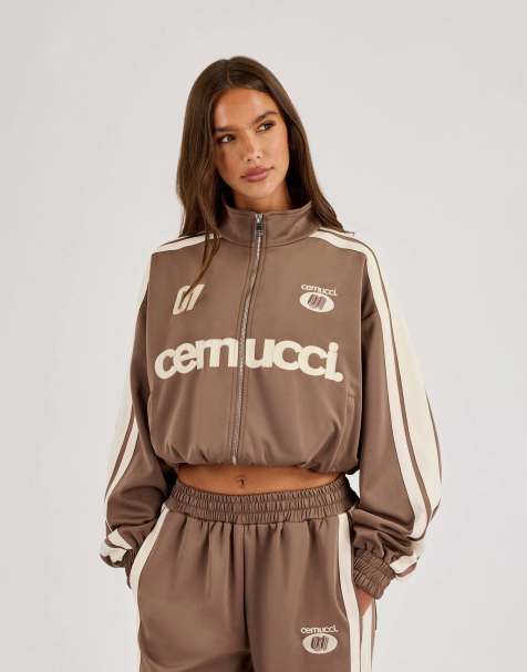Cernucci Football cropped zip through track jacket in brown - view 1