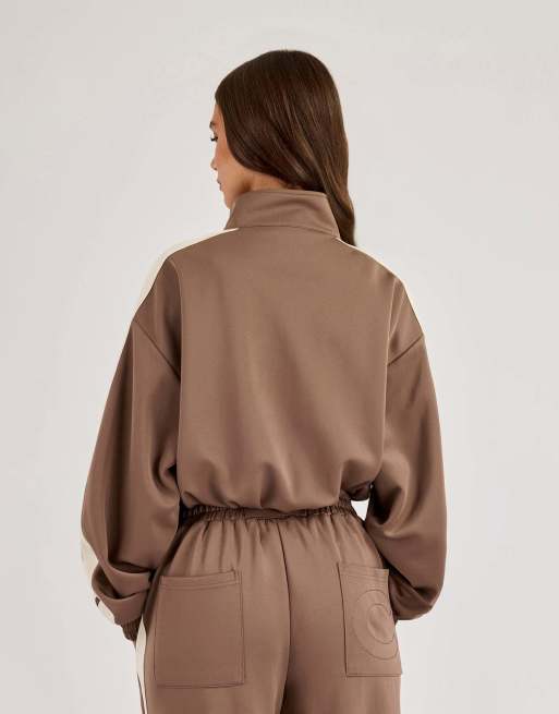 Cernucci Football cropped zip through track jacket in brown, 3 of 5