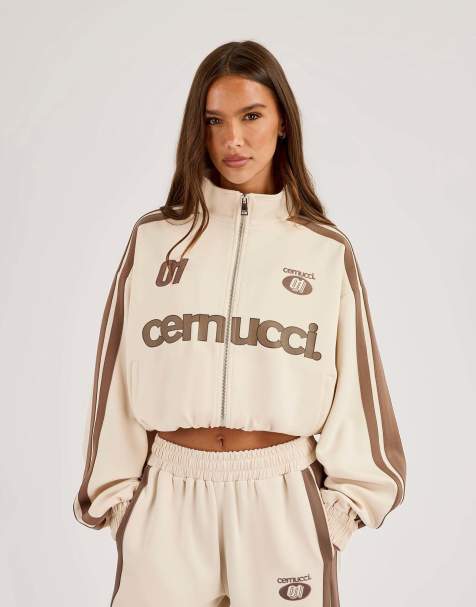 Cernucci Football cropped zip through track jacket in ecru - view 1