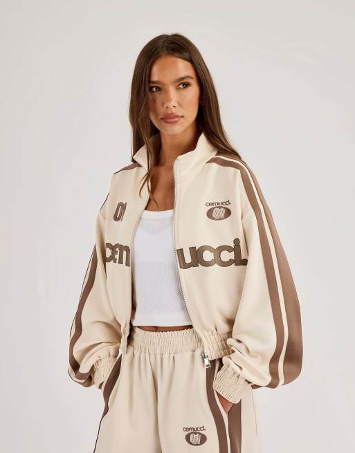 Cernucci Football cropped zip through track jacket in ecru, 2 of 5