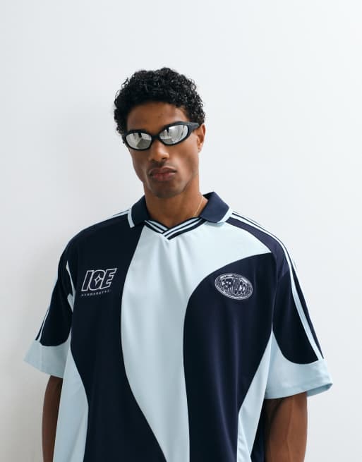 Cernucci – Fußballtrikot in Marineblau und Weiß mit V-Ausschnitt, Kragen, Bahnendesign und Logo, 4 von 5