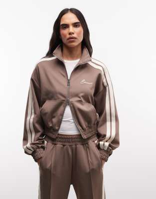 Cernucci funnel neck cropped double-zip jacket co-ord with sleeve taping in taupe-Neutral