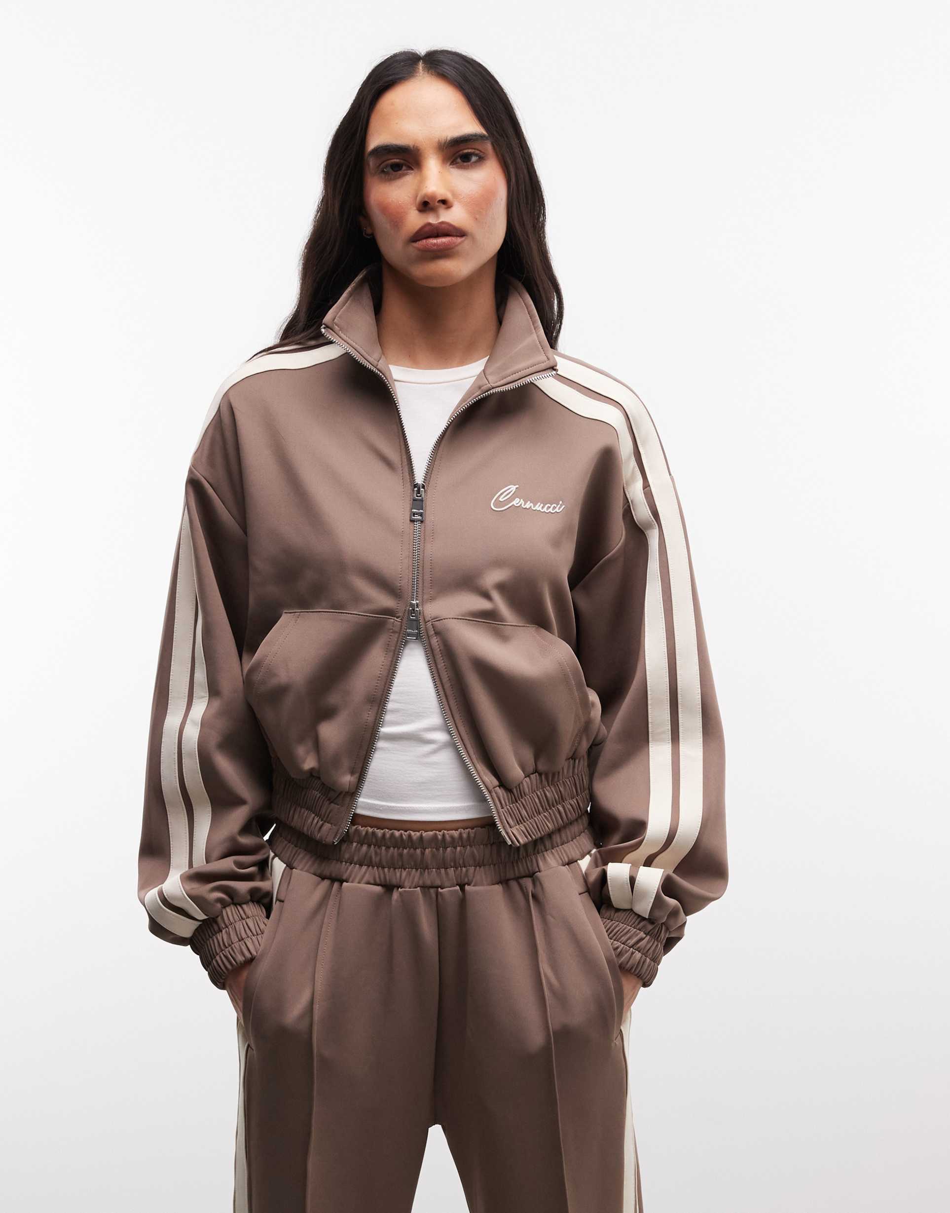 cernucci funnel neck cropped double-zip jacket with sleeve taping in taupe - part of a set