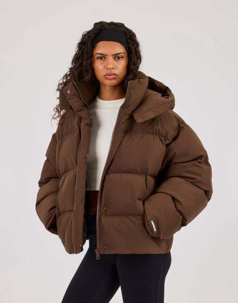 Cernucci Funnel neck hooded puffer jacket in brown - view 1