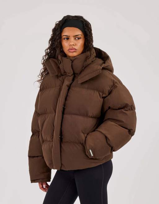 Cernucci Funnel neck hooded puffer jacket in brown, 3 of 4