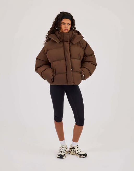 Cernucci Funnel neck hooded puffer jacket in brown, 4 of 4