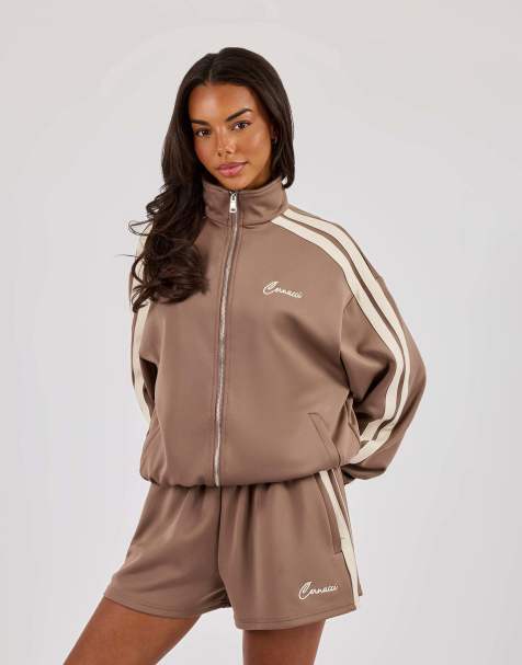 Cernucci Funnel neck taping zip through track jacket in brown - view 1