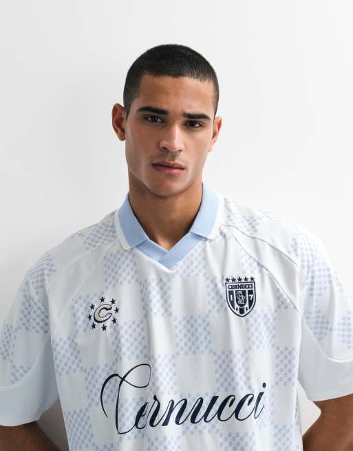 Cernucci - Geruit voetbalshirt met V-hals, logo en kraag in lichtblauw, 6 van 7