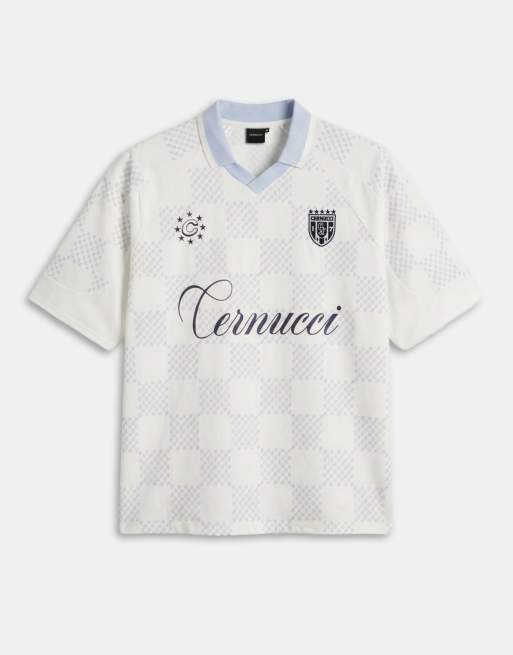 Cernucci - Geruit voetbalshirt met V-hals, logo en kraag in lichtblauw, 7 van 7