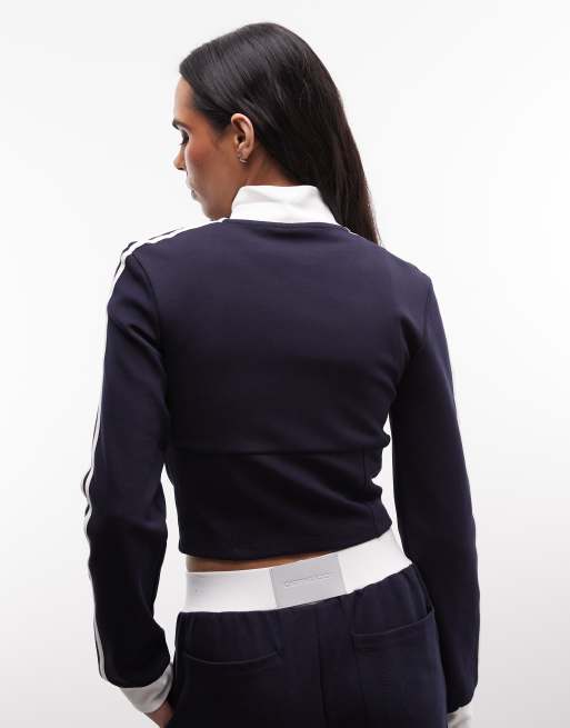 Cernucci - Giacca sportiva morbida aderente blu navy con logo, zip e fettuccia sulle maniche in coordinato, 3 di 4