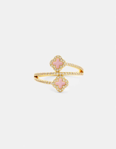 Cernucci Gold plated 925 15mm pink enamel motif twist ring in gold - view 1