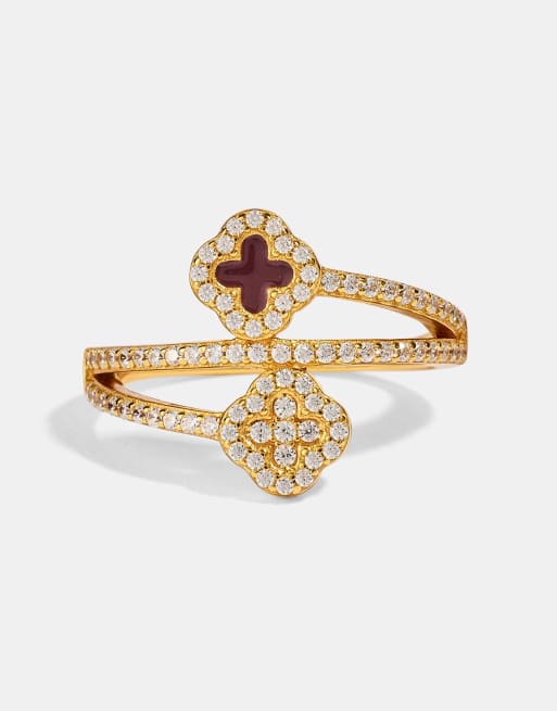 Cernucci Iced and burgundy enamel motif twist ring - 15mm in gold, 3 of 4