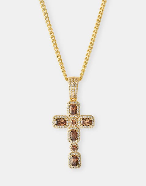 Cernucci Iced chocolate gemstone cross cuban 40mm necklace in gold - view 1
