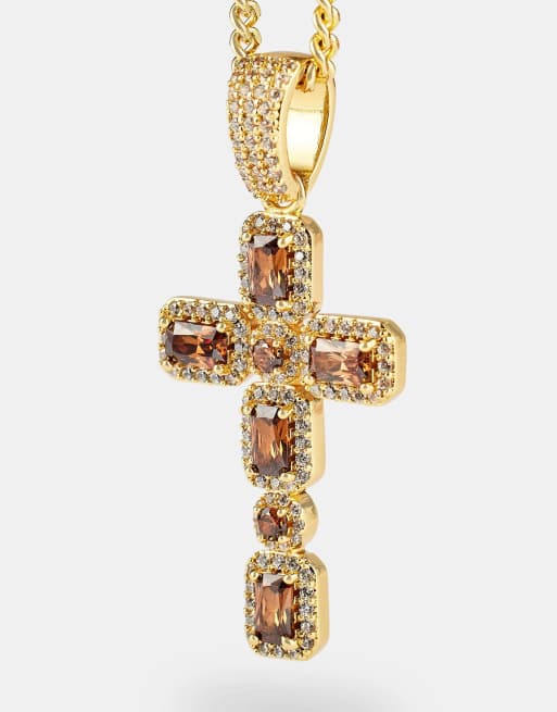 Cernucci Iced chocolate gemstone cross cuban 40mm necklace in gold, 2 of 4