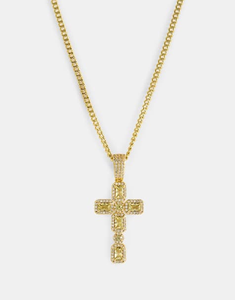Cernucci Iced green gemstone cross cuban necklace - 40mm in gold - view 1