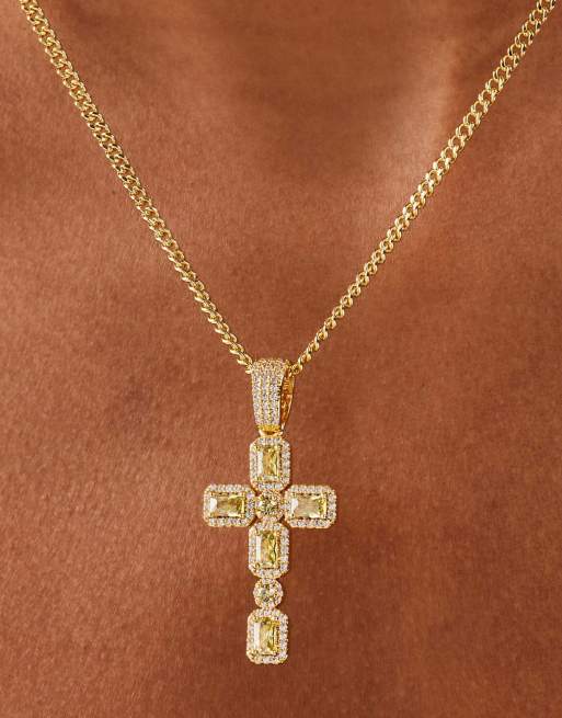 Cernucci Iced green gemstone cross cuban necklace - 40mm in gold, 2 of 3