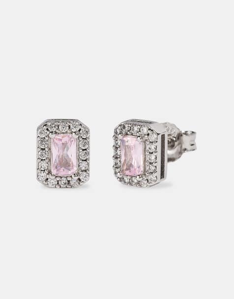 Cernucci Iced pink rectangle stud earrings - 8mm in silver - view 1