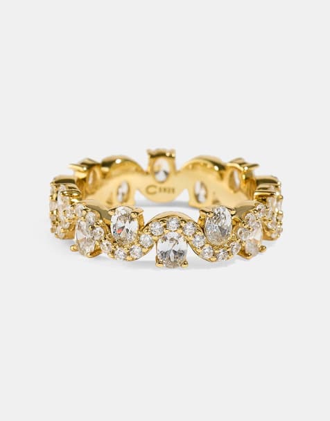 Cernucci Iced ripple & stone band ring in gold - view 1
